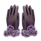 Pair of purple leather gloves with gray faux fur cuffs and stitched finger panels.