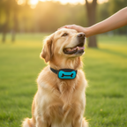 Dog wearing USB rechargeable anti-barking training collar with turquoise control device