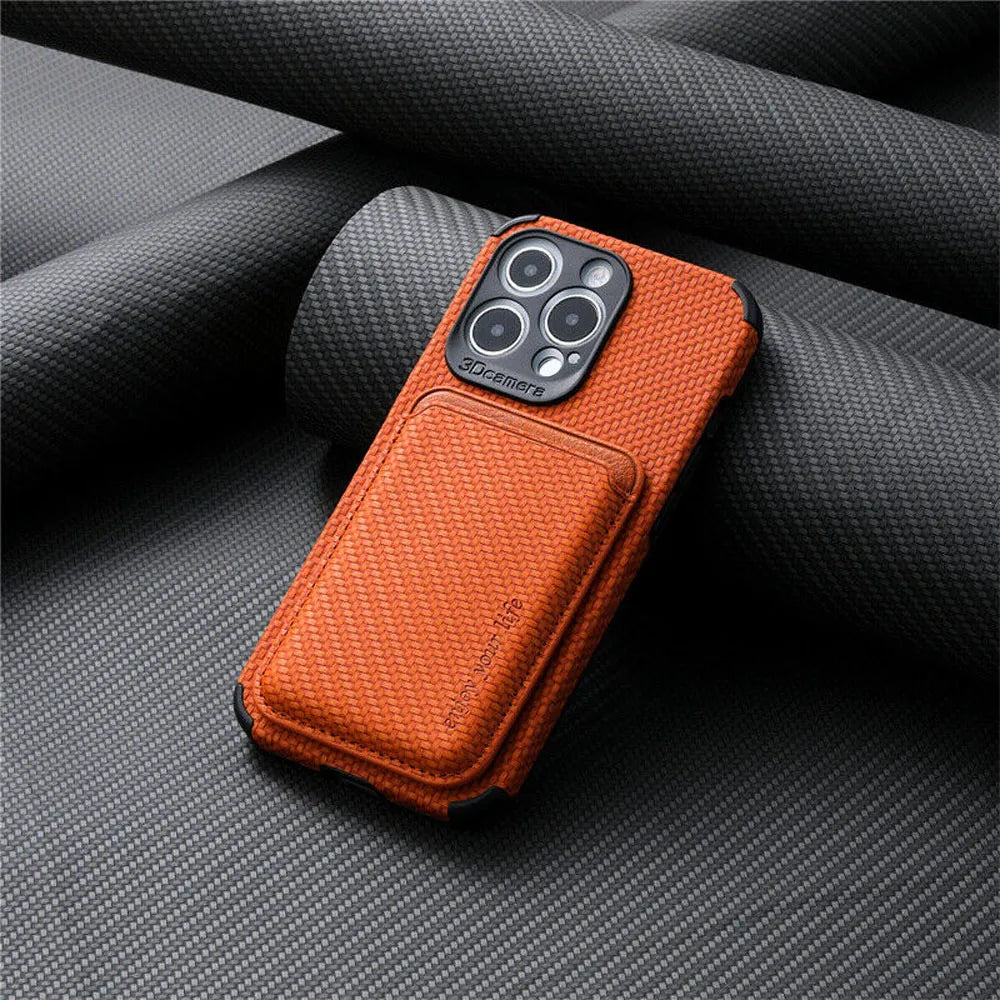 TitanWallet MagSafe phone wallet case, bright orange textured fabric with front card pocket