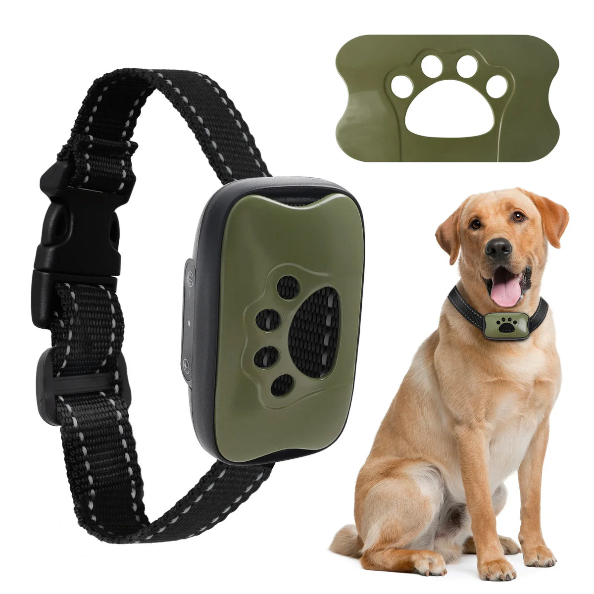 Ultrasonic anti-barking training collar with black strap and green control unit