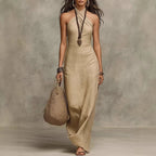 Khaki halter linen maxi dress, sleeveless fitted bodice and long draped skirt