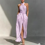 Asterin halter maxi dress, light purple halter with gathered bodice and wide leg slit skirt