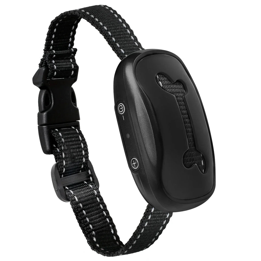 USB rechargeable anti-barking training collar with black control device and fabric strap