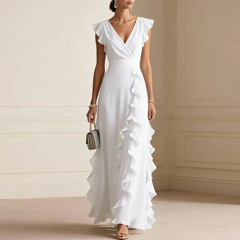 Ruffle-trim maxi dress, white V-neck wrap bodice, flutter cap sleeves, layered ruffles