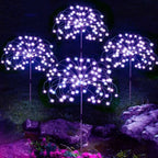 Solar pathway stake LED lights with white-blue glow, round fan heads on stakes.