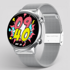 Silver smartwatch with silver mesh steel band and colorful comic-style dial