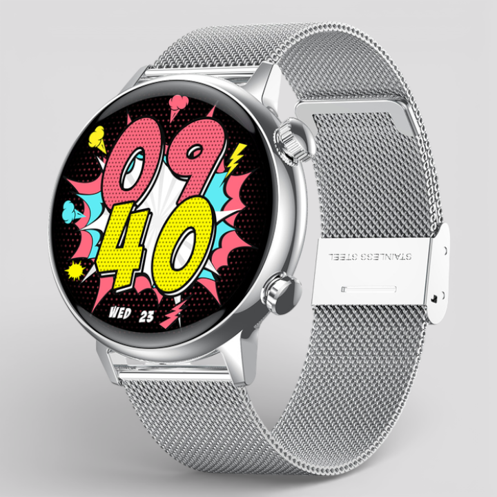 Silver smartwatch with silver mesh steel band and colorful comic-style dial