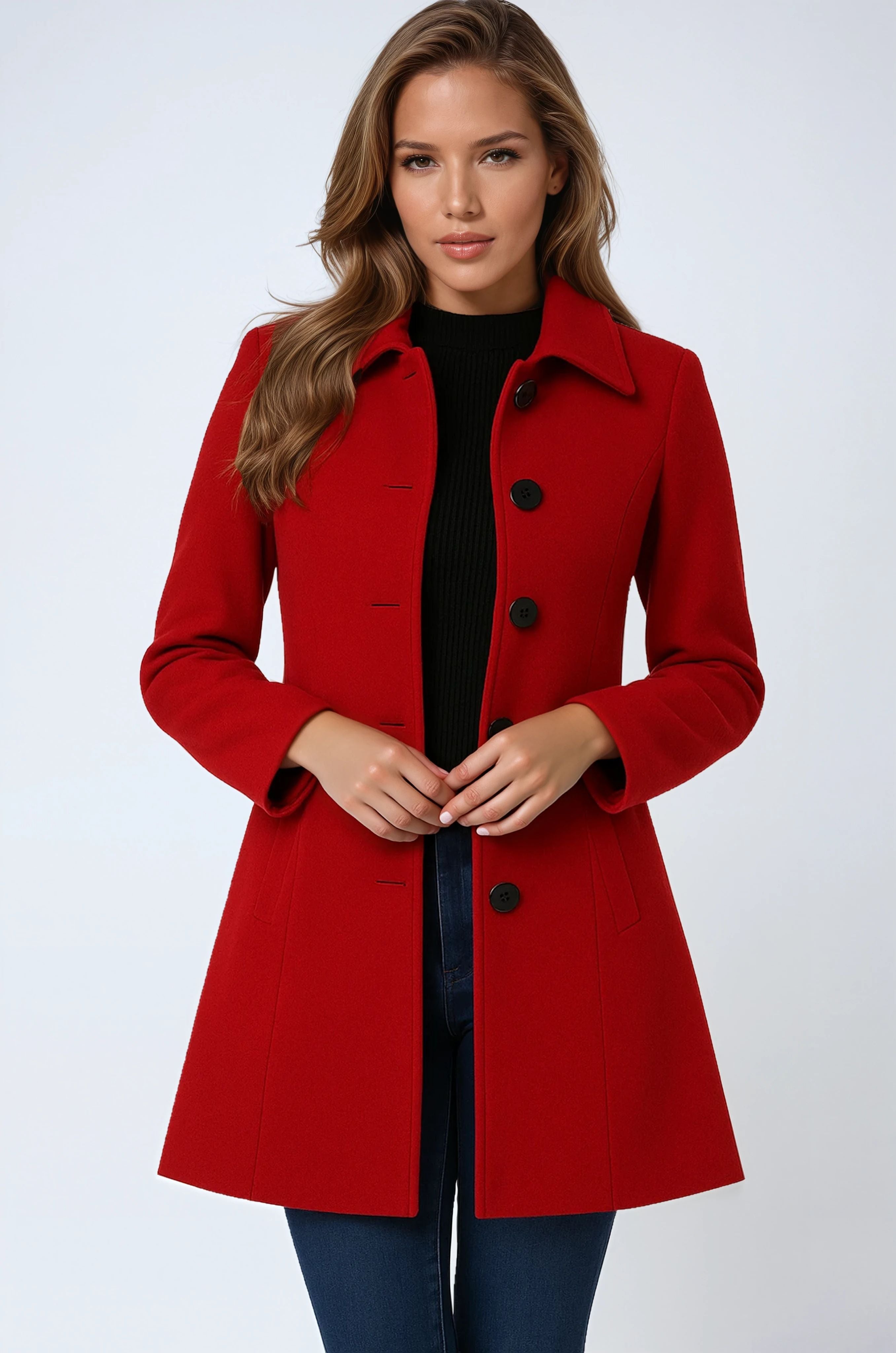 Red single-breasted winter trench coat with notched lapels and dark button front
