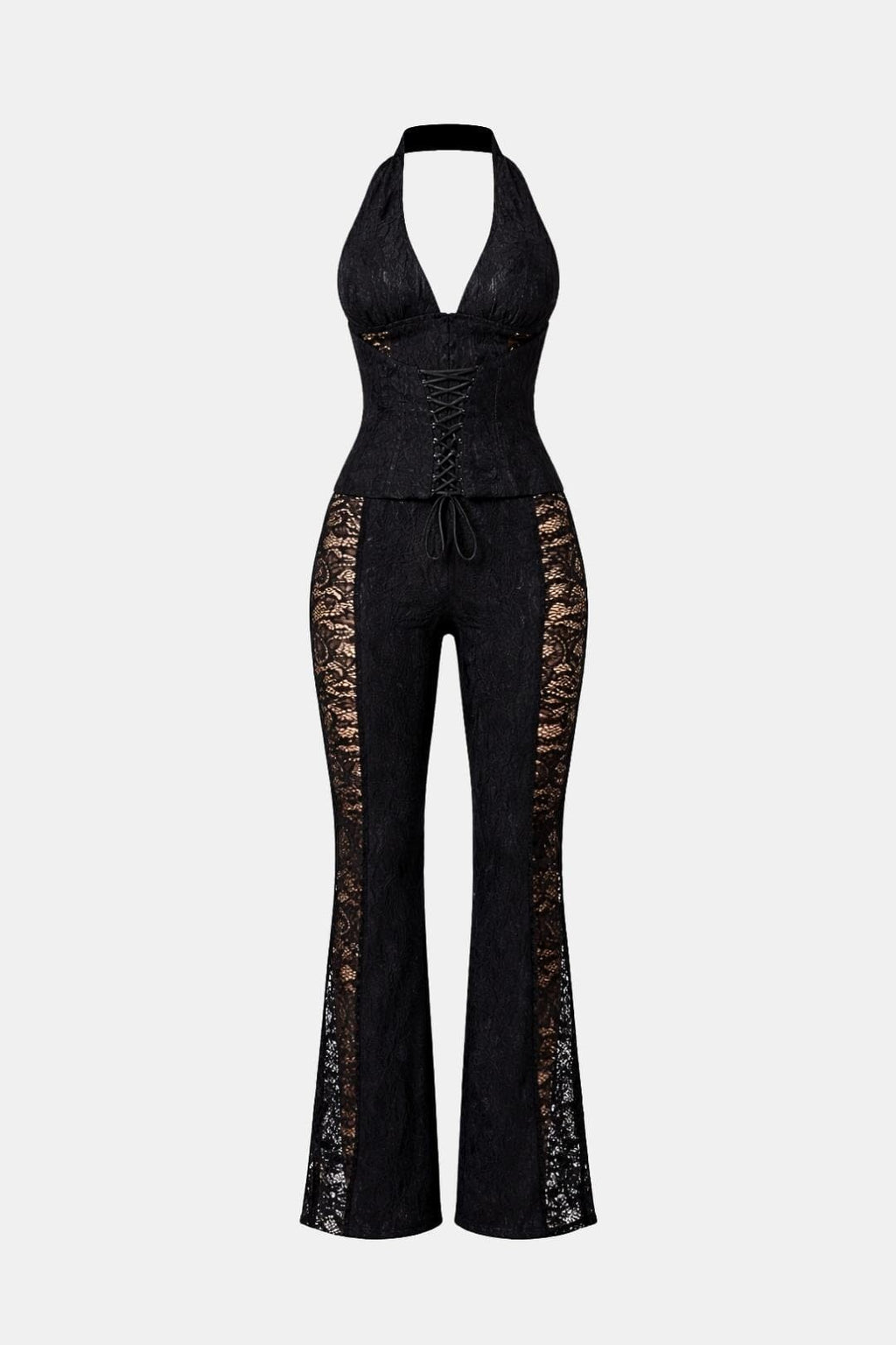 Black halter lace jumpsuit with corset waist and wide-leg flares