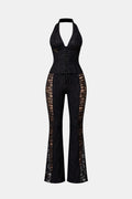 Black halter lace jumpsuit with corset waist and wide-leg flares