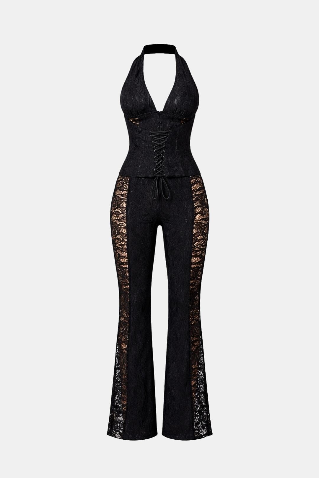 Black halter lace jumpsuit with corset waist and wide-leg flares