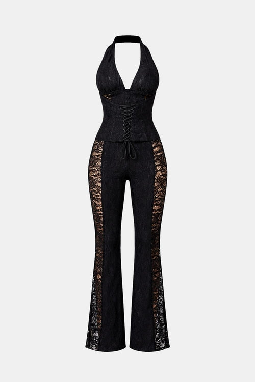 Black halter lace jumpsuit with corset waist and wide-leg flares