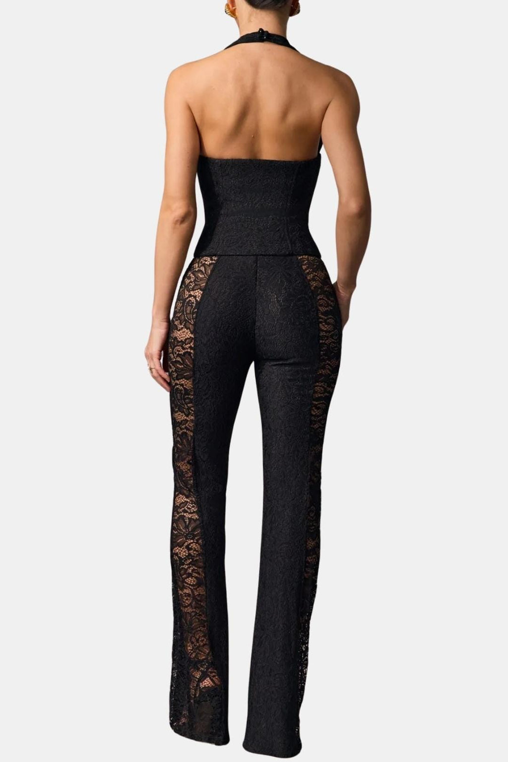 Black halter lace jumpsuit, backless square neckline, lace inset wide-leg pants