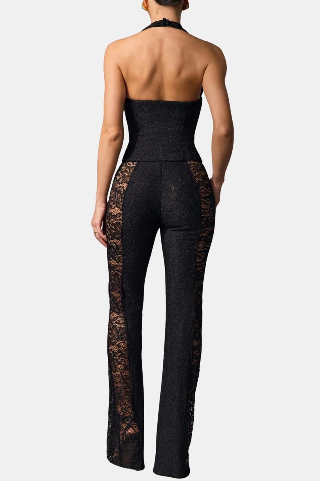 Black halter lace jumpsuit, backless square neckline, lace inset wide-leg pants