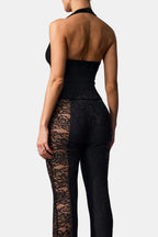 Black halter lace jumpsuit backless with corset waist and lace-paneled wide legs