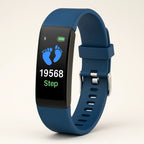 Blue fitness smartwatch with step count 19568 on a bright color screen
