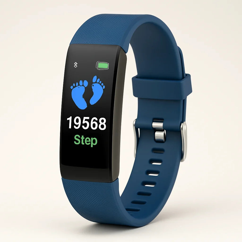 Blue fitness smartwatch with step count 19568 on a bright color screen