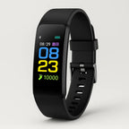 Black fitness smartwatch with heart and activity stats on a color display