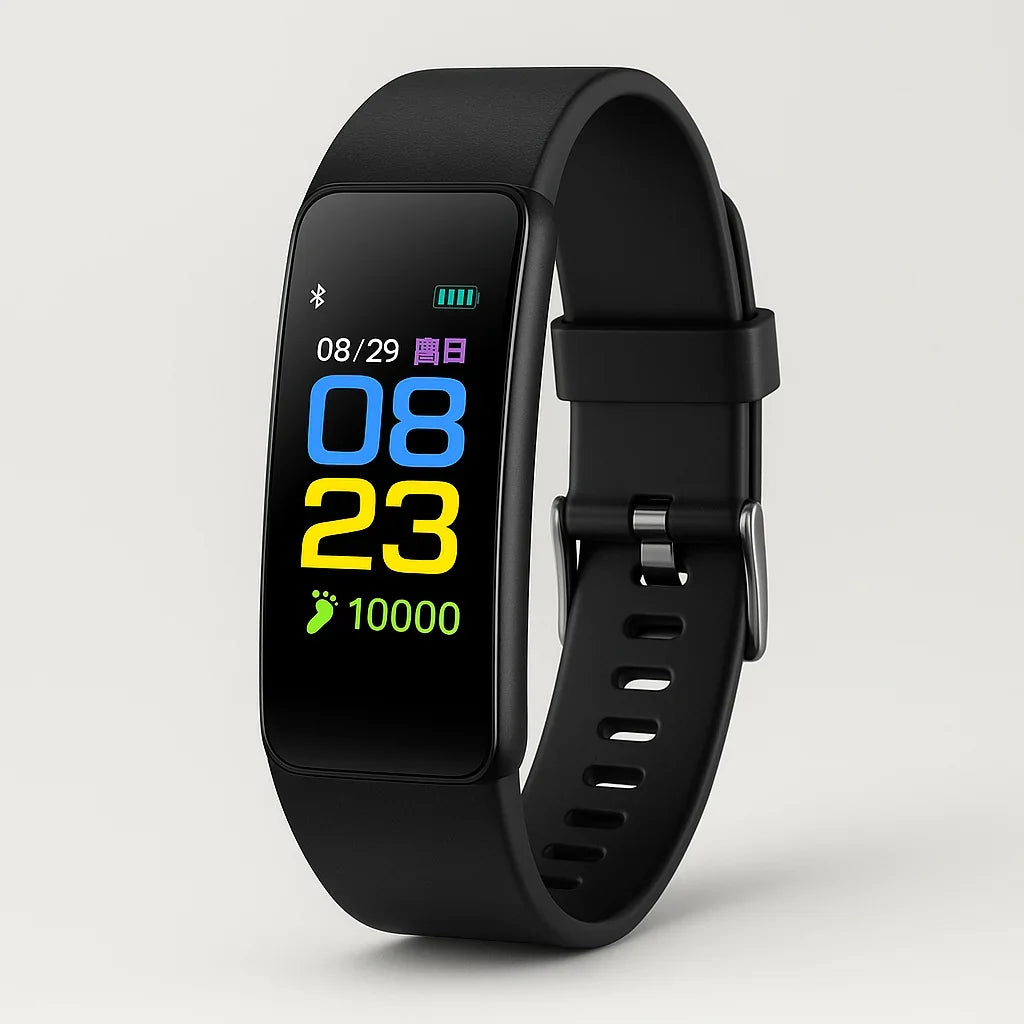 Black fitness smartwatch with heart and activity stats on a color display