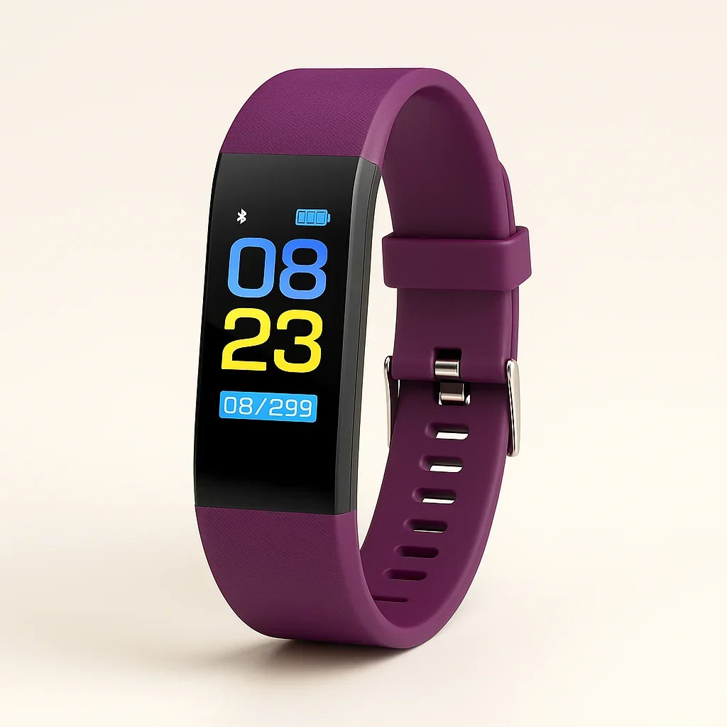 Purple fitness smartwatch with step count and date on a color screen