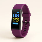 Purple fitness smartwatch with step count and date on a color screen
