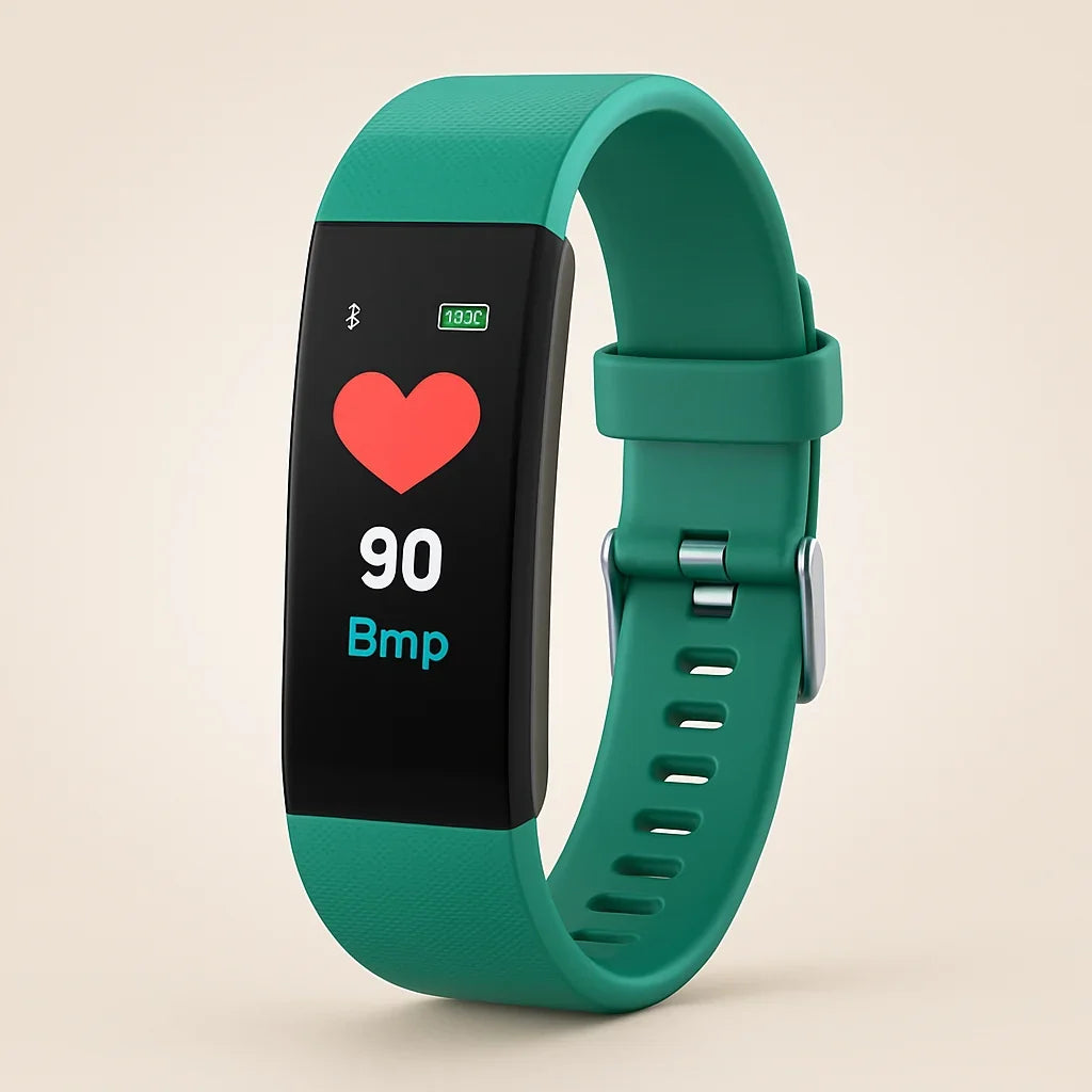 Green fitness smartwatch with heart rate 90 and BPM on the screen