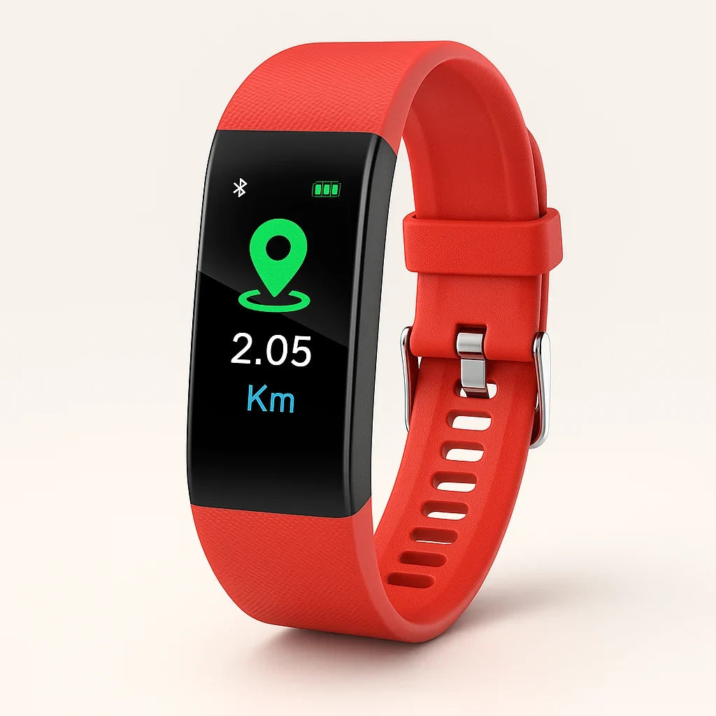 Red fitness smartwatch with location and speed 2.05 Km on the display