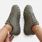 Felorro women's olive green sneakers with lace-up front and chunky tread sole