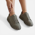 Felorro women's olive green sneakers with gray laces and chunky tread sole