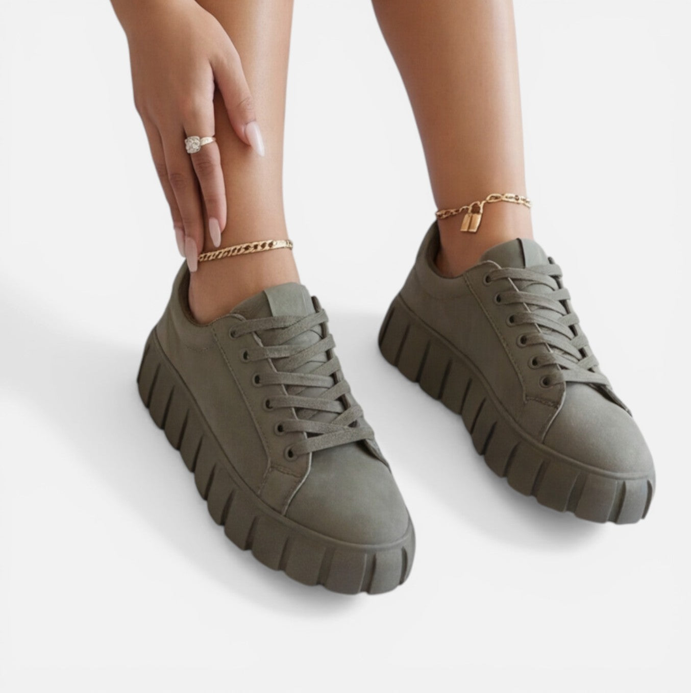 Felorro women's olive green sneakers with gray laces and chunky tread sole