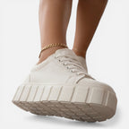 Felorro women's light cream sneakers with white laces and chunky tread sole