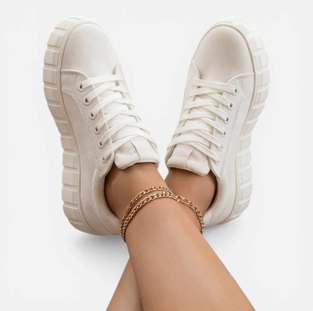 Felorro women's white sneakers with white laces and thick tread sole, front angle