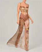 Women’s sleeveless maxi dress, cowl neckline, side slit, mixed leopard print in brown