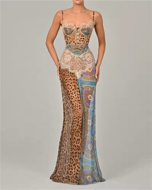 Women’s sleeveless maxi dress, cowl neckline, brown leopard print with colorful blue patch