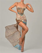 Women’s sleeveless maxi dress, cowl neckline, brown-and-blue animal print patchwork