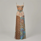 Women’s sleeveless maxi dress on a hanger, cowl neckline, brown leopard print with blue border