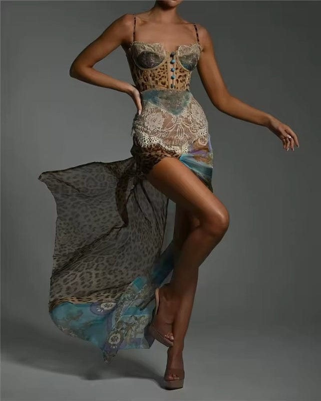 Women’s sleeveless maxi dress, cowl neckline, leopard-style print with blue accent