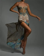 Women’s sleeveless maxi dress, cowl neckline, leopard-style print with blue accent