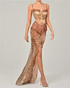 Women’s sleeveless maxi dress with cowl neckline, leopard print with beige and tan panels