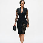 Black lace cocktail dress with V-neck, long sheer lace sleeves, and lace panel at the hem