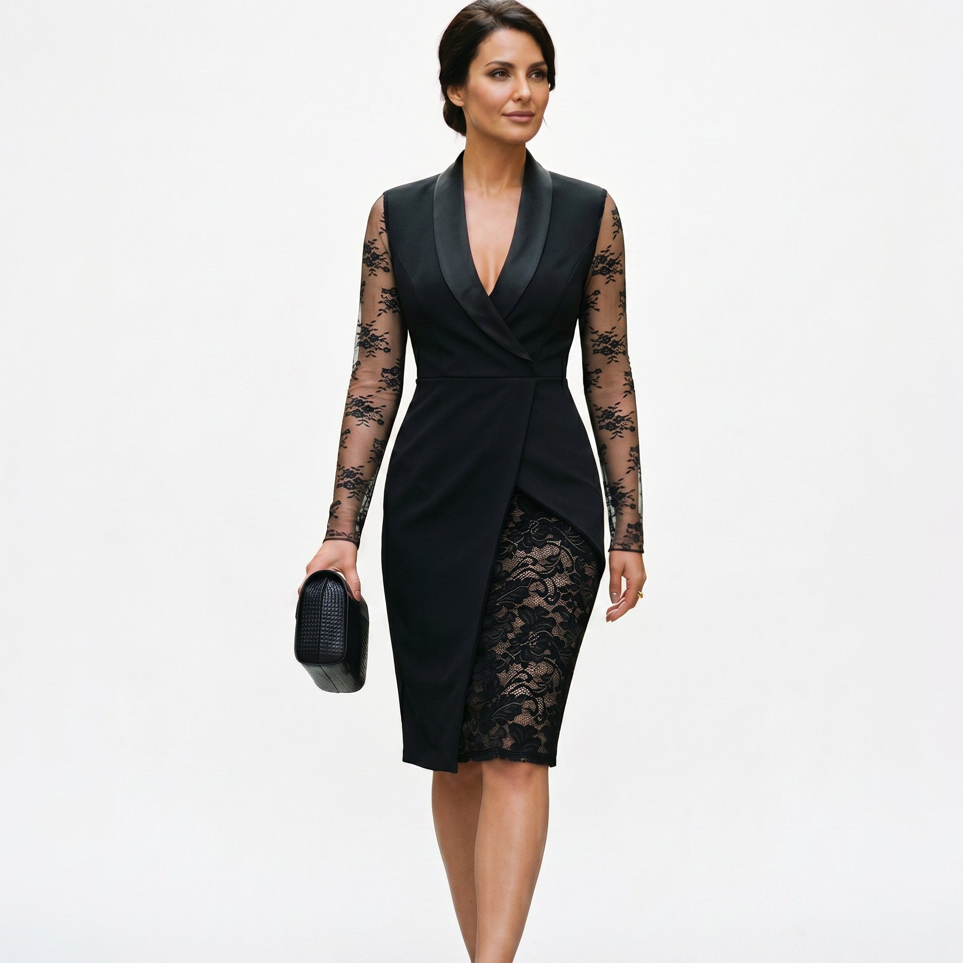 Black lace cocktail dress with V-neck, long sheer lace sleeves, and lace panel at the hem
