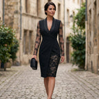 Black lace cocktail dress with V-neck and long sheer lace sleeves, fitted sheath silhouette
