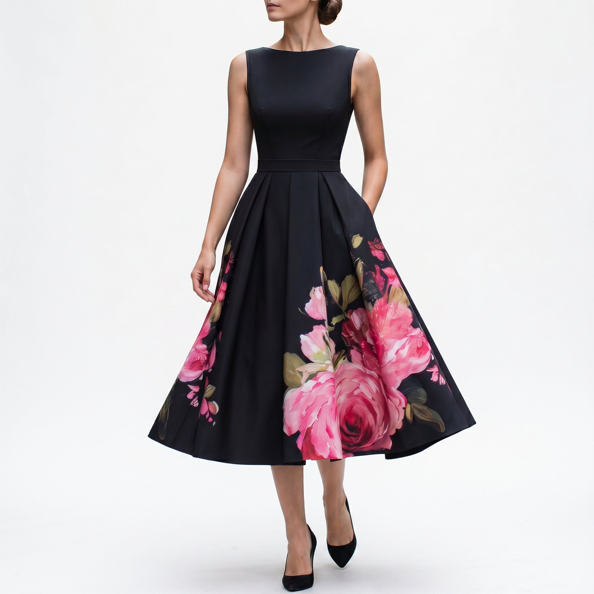 Black midi cocktail dress with sleeveless fitted bodice and pink rose floral skirt