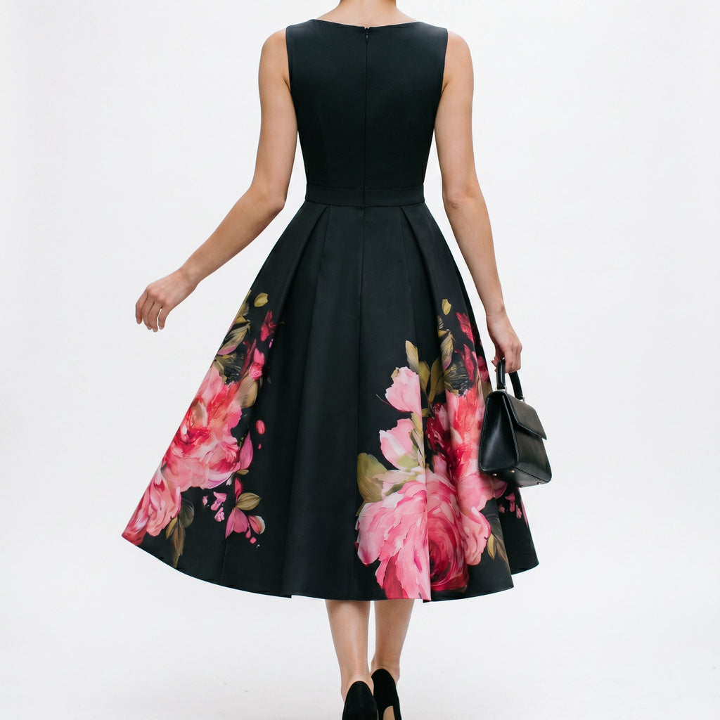 Black midi cocktail dress with sleeveless back, A-line skirt, and pink rose floral panels