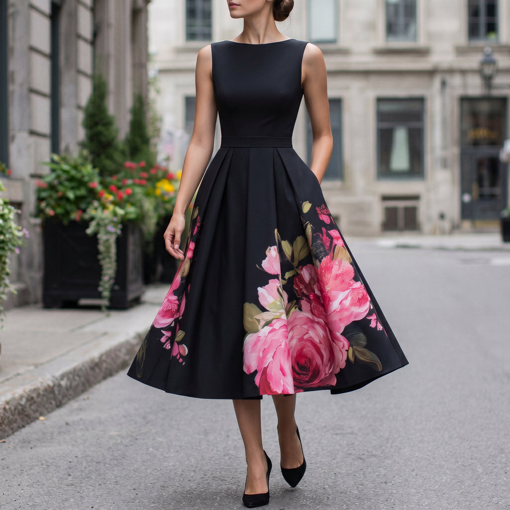 Black midi cocktail dress with A-line skirt, sleeveless bodice, and pink rose floral print