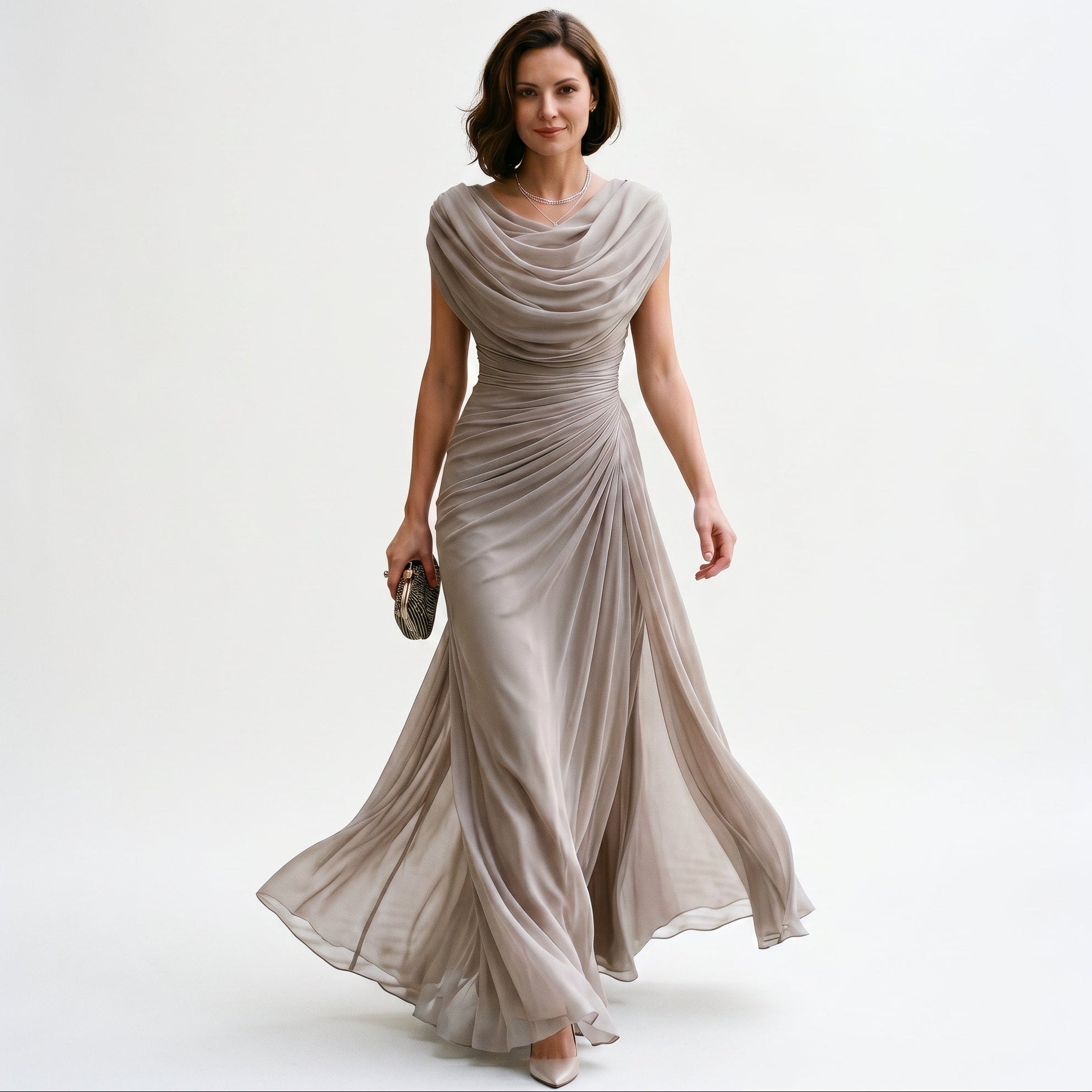 Taupe maxi dress with draped cowl neckline and gathered waist, flowing skirt.
