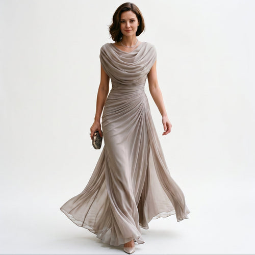 Taupe draped maxi dress with cowl neckline and ruched waist, full flowing skirt