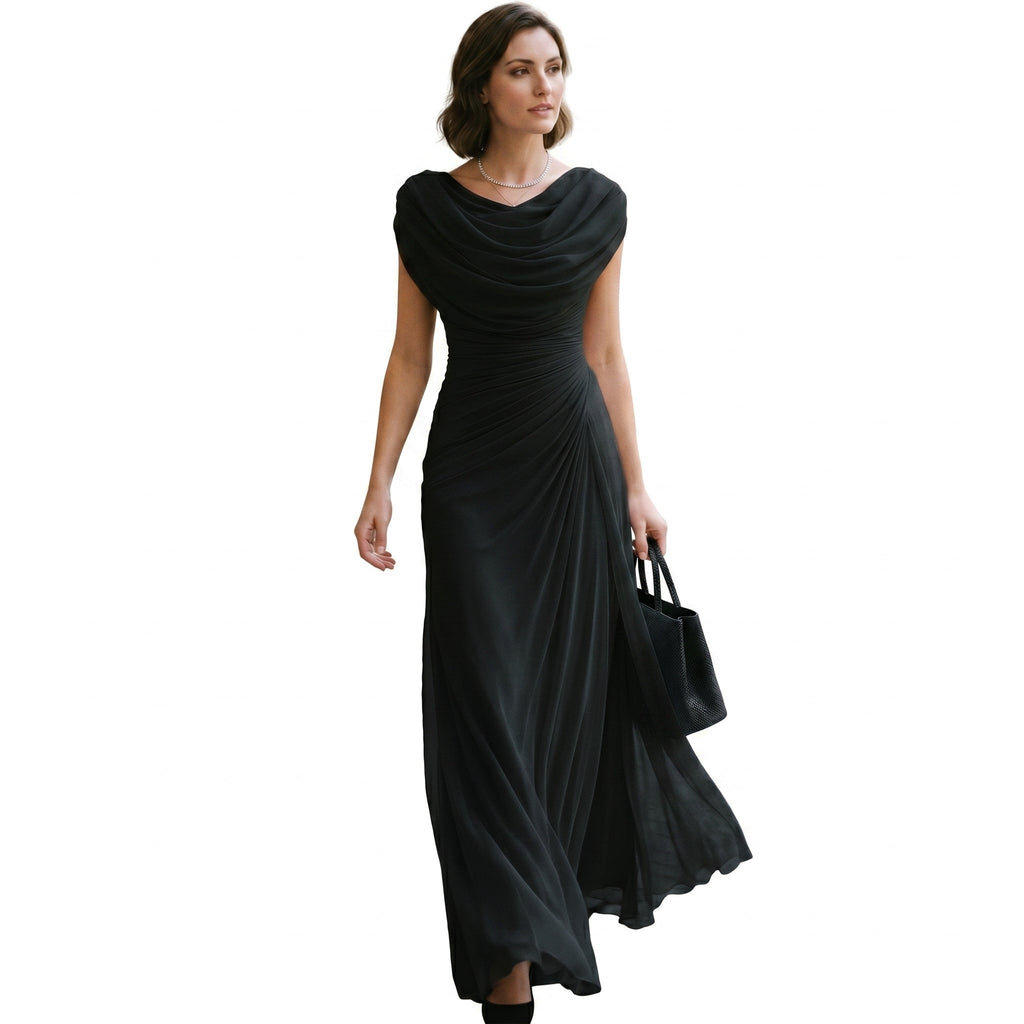 Black maxi dress with draped cowl neckline and gathered waist, flared hem.