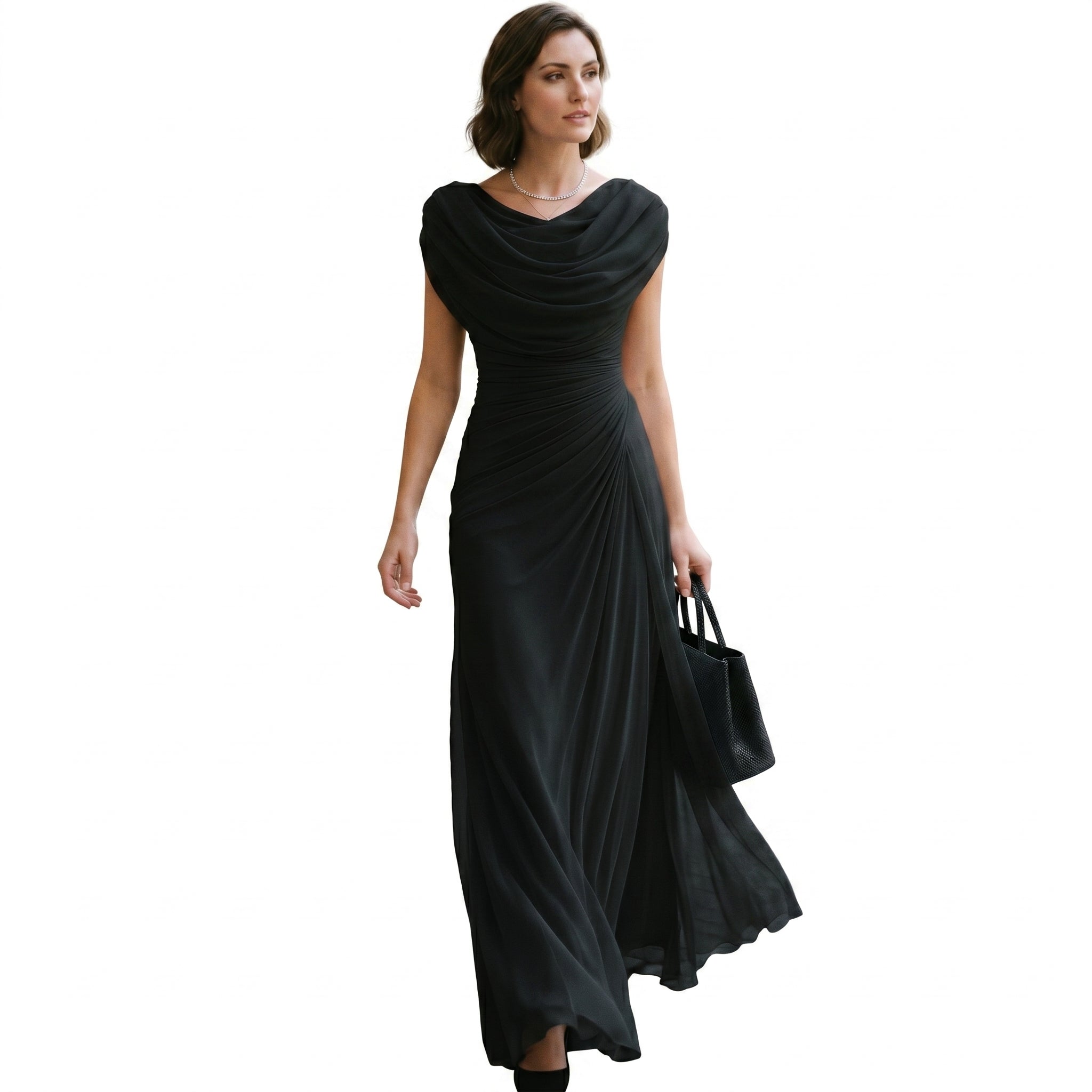 Black maxi dress with draped cowl neckline and gathered waist, flared hem.