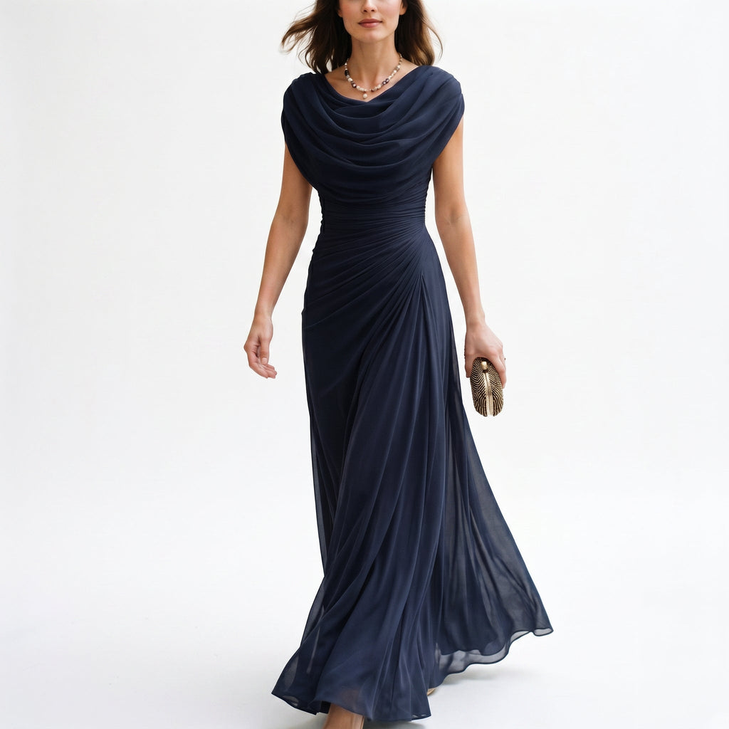 Navy maxi dress with draped cowl neckline and gathered waist, ankle-length skirt.